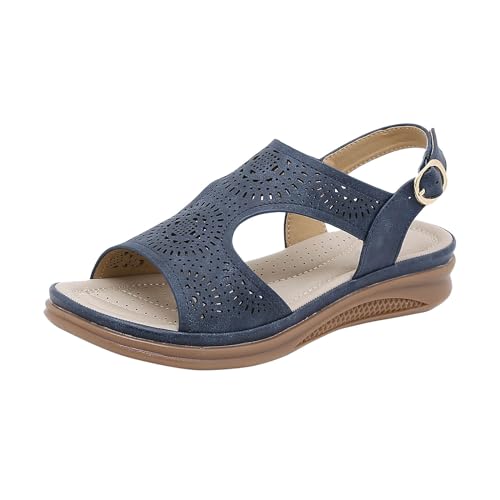 QWUVEDS Damen-Sommer-europäische amerikanische Mode-Slipper mit offener Zehenpartie, leichte Retro-Keilsandalen Sketches Damenschuhe 42 (Navy, 38) von QWUVEDS