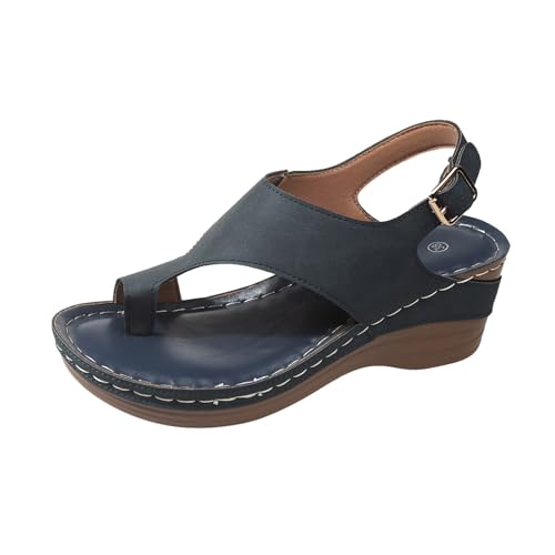 QWUVEDS Damen-Sommermode, einfarbig, Flip-Toe-Strandsandalen, lässig, einfache Keilsandalen Damenschuhe Sexy Sommersandalen zur Erhöhung der Körpergröße Damenschuhe Elegant Bequem (Navy, 38) von QWUVEDS