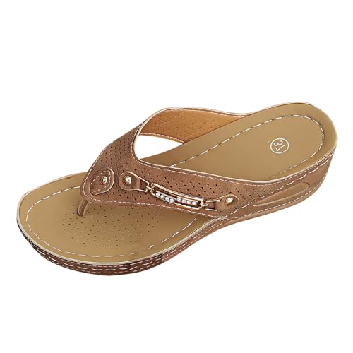 QWUVEDS Damen-Sommermode, einfarbig, ausgehöhlter Bohrer, Clip-Zehen-Hausschuhe, lässiger Komfort, leichte, rutschfeste Schuhe Walking Schuhe Damen 40 (Brown, 38) von QWUVEDS