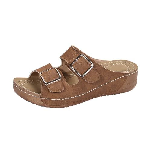 QWUVEDS Damen-Sommermode, offene Zehen-Hausschuhe, Plattform, One-Line-Schnalle, Strandsandalen S Damenschuhe Winter (Brown, 41) von QWUVEDS