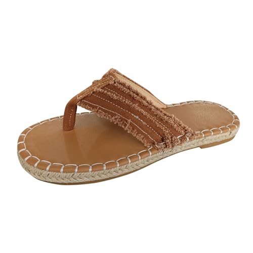 QWUVEDS Damen Sommermode Clip Toe Flat Bottom Stoff Tangas Hausschuhe Lässige Bequeme Outdoor Strand Sandalen Hausschuhe Damen Turnschuhe Schuhe (Brown, 37) von QWUVEDS