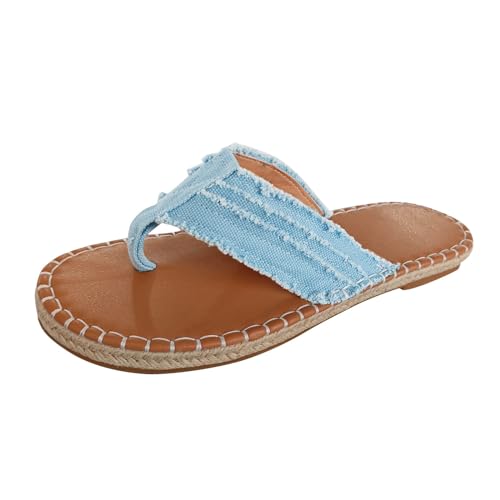 QWUVEDS Damen Sommermode Clip Toe Flat Bottom Stoff Tangas Hausschuhe Lässige Bequeme Outdoor Strand Sandalen Hausschuhe Damen Turnschuhe Schuhe (Light Blue, 37) von QWUVEDS