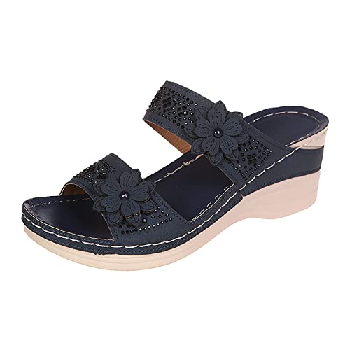 QWUVEDS Frauen Sommer Blumen Slip On Casual Open Toe Wedges Weicher Boden Atmungsaktive Hausschuhe Schuhe Sandalen Simen Schuhe Damen Damen Hausschuhe Sommer Freizeitschuhe Damen (Navy, 40) von QWUVEDS