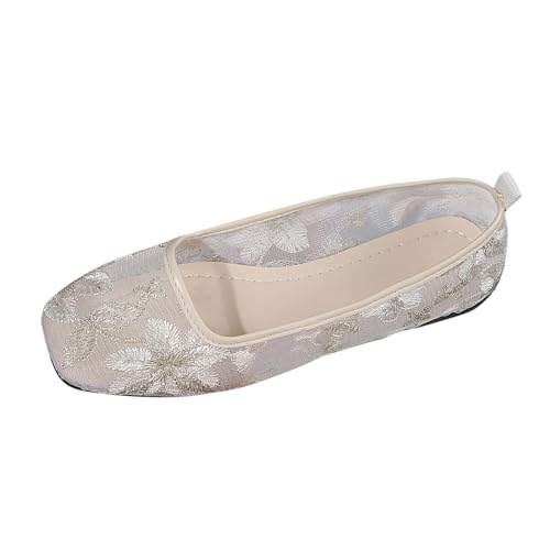 QWUVEDS Freizeit-Damen-Four-Seasons-gestickte Blumen, rutschfest, flach, quadratische Zehen, atmungsaktiv, zum Hineinschlüpfen, Lazy Mesh-Schuhe Schuhe Sommerschuhe Damen (White, 40) von QWUVEDS