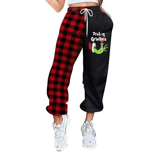 QWUVEDS Grinch Hose Grinch Baumwolle Grinch Plus Size Hose für Damen, grünes Weihnachtsmann-Grinch-Kostüm, Damen-Pyjamahose, gestreifte Damen-Pyjamahose Jogginghose Damen Cargohose damenS von QWUVEDS