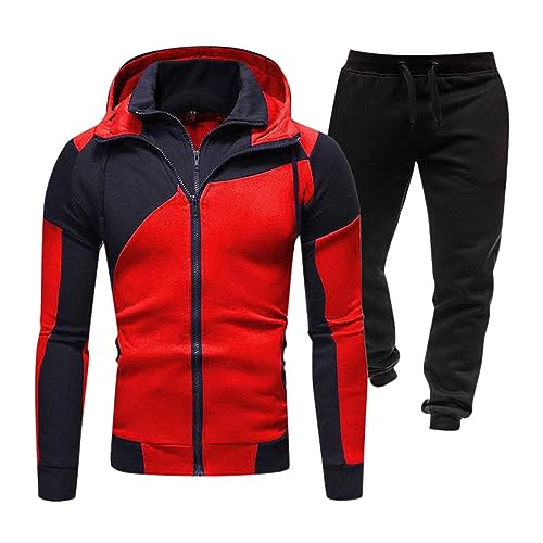 QWUVEDS Herren Herbst und Winter Set Freizeit Nähte Reißverschluss Pullover Hosen Sport Sets Jogginghose Mit Pullover Herren (0927A-Red, XL) von QWUVEDS