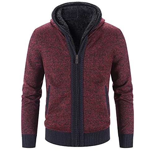 QWUVEDS Herren Winter Farbabgestimmte Bluse Mode Langarm Plus Samt Dicker Kapuzenpullover Warme Strickjacke Pullover Herren M (Red, XL) von QWUVEDS