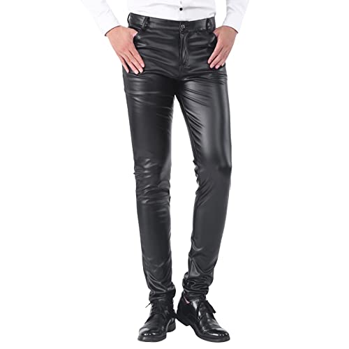 QWUVEDS Herren schmal geschnittene Lederhose Leggings Farbe elastisch Trend Motorrad Lederhose Cargohose Herren Taschen Vorne von QWUVEDS