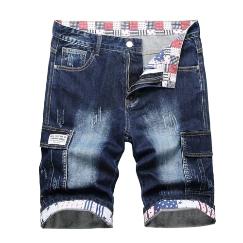 QWUVEDS Kurze Hosen Herren Lässige Jeansshorts für Herren, modische, verwaschene, Bedruckte Freizeitjeans Herren Hosen (Dark Blue, XL) von QWUVEDS