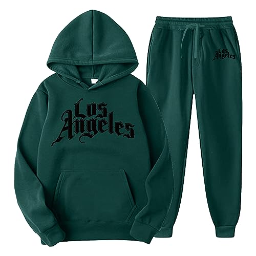 QWUVEDS Männer und Frauen Herbst und Winter Mode lässig Brief gedruckt Pullover Hosen Sportanzug Fußball Jogginganzug Herren Baumwolle Traningsanzuganzug Sweatshirt Herren Mit Kapuze (Green, M) von QWUVEDS