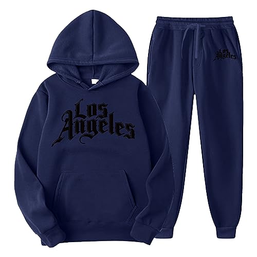 QWUVEDS Männer und Frauen Herbst und Winter Mode lässig Brief gedruckt Pullover Hosen Sportanzug Fußball Jogginganzug Herren Baumwolle Traningsanzuganzug Sweatshirt Herren Mit Kapuze (Navy, XXL) von QWUVEDS