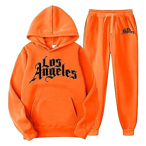 QWUVEDS Männer und Frauen Herbst und Winter Mode lässig Brief gedruckt Pullover Hosen Sportanzug Fußball Jogginganzug Herren Baumwolle Traningsanzuganzug Sweatshirt Herren Mit Kapuze (Orange, XL) von QWUVEDS