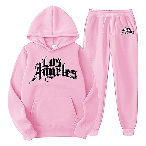 QWUVEDS Männer und Frauen Herbst und Winter Mode lässig Brief gedruckt Pullover Hosen Sportanzug Fußball Jogginganzug Herren Baumwolle Traningsanzuganzug Sweatshirt Herren Mit Kapuze (Pink, S) von QWUVEDS