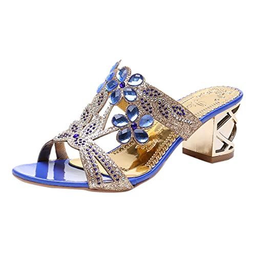 QWUVEDS Mouth High Pantoffeln für Frauen Fersen Sandalen Absatz Dicke Mode Strass Fish Sandalen für Frauen Gelbe Schuhe Damen (Blue, 38) von QWUVEDS