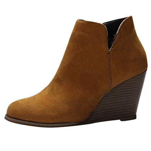 QWUVEDS Runde Mode Frauen Reißverschluss Keils Zehen Schuhe kurze Booties Farbe feste Damenstiefel Galoschen Kinder (Brown, 35) von QWUVEDS