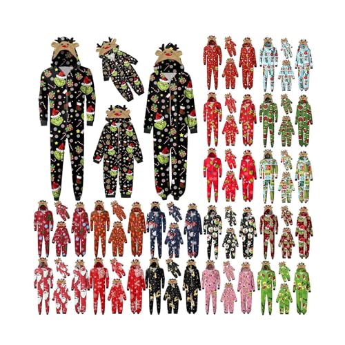 QWUVEDS Schlafanzug Weihnachten Grinch Pyjama Einteiler Pyjamas Sets für Familie, Niedlicher Weihnachts Einteiler Schlafanzüge mit Kapuze, Hausanzug Nachtwäsche für Damen Herren Kinder Baby 013 von QWUVEDS