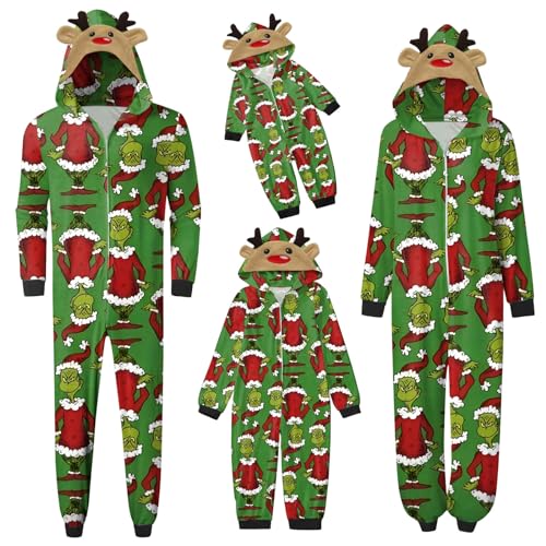 QWUVEDS Schlafanzug Weihnachten Grinch Pyjama Einteiler Pyjamas Sets für Familie, Niedlicher Weihnachts Einteiler Schlafanzüge mit Kapuze, Hausanzug Nachtwäsche für Damen Herren Kinder Baby 053 von QWUVEDS