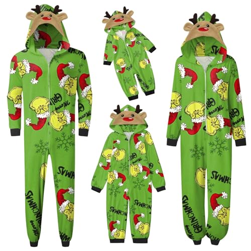 QWUVEDS Schlafanzug Weihnachten Grinch Pyjama Einteiler Pyjamas Sets für Familie, Niedlicher Weihnachts Einteiler Schlafanzüge mit Kapuze, Hausanzug Nachtwäsche für Damen Herren Kinder Baby 078 von QWUVEDS