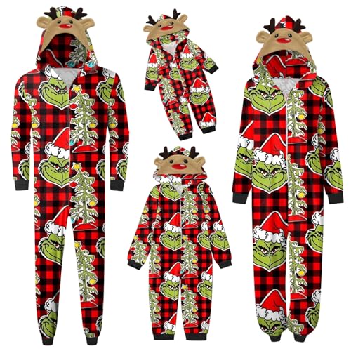 QWUVEDS Schlafanzug Weihnachten Grinch Pyjama Einteiler Pyjamas Sets für Familie, Niedlicher Weihnachts Einteiler Schlafanzüge mit Kapuze, Hausanzug Nachtwäsche für Damen Herren Kinder Baby 125 von QWUVEDS