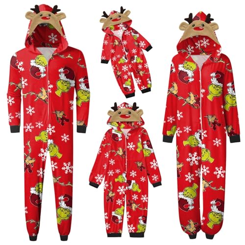 QWUVEDS Schlafanzug Weihnachten Grinch Pyjama Einteiler Pyjamas Sets für Familie, Niedlicher Weihnachts Einteiler Schlafanzüge mit Kapuze, Hausanzug Nachtwäsche für Damen Herren Kinder Baby 145 von QWUVEDS