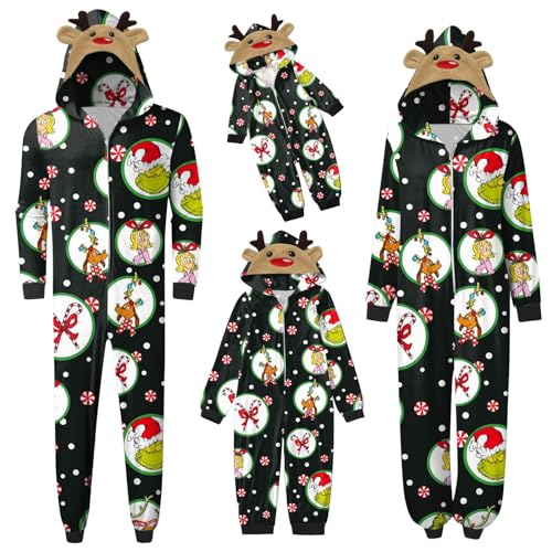 QWUVEDS Schlafanzug Weihnachten Grinch Pyjama Einteiler Pyjamas Sets für Familie, Niedlicher Weihnachts Einteiler Schlafanzüge mit Kapuze, Hausanzug Nachtwäsche für Damen Herren Kinder Baby 179 von QWUVEDS