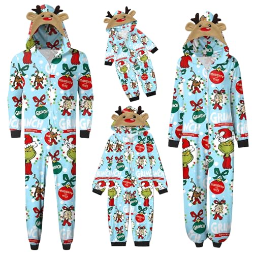 QWUVEDS Schlafanzug Weihnachten Grinch Pyjama Einteiler Pyjamas Sets für Familie, Niedlicher Weihnachts Einteiler Schlafanzüge mit Kapuze, Hausanzug Nachtwäsche für Damen Herren Kinder Baby 200 von QWUVEDS