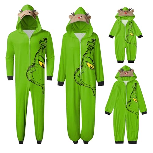 QWUVEDS Schlafanzug Weihnachten Grinch Pyjama Einteiler Pyjamas Sets für Familie, Niedlicher Weihnachts Einteiler Schlafanzüge mit Kapuze, Hausanzug Nachtwäsche für Damen Herren Kinder Baby 220 von QWUVEDS