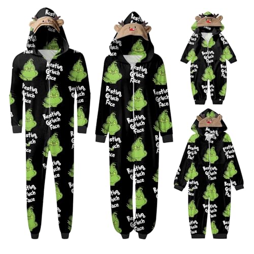 QWUVEDS Schlafanzug Weihnachten Grinch Pyjama Einteiler Pyjamas Sets für Familie, Niedlicher Weihnachts Einteiler Schlafanzüge mit Kapuze, Hausanzug Nachtwäsche für Damen Herren Kinder Baby 266 von QWUVEDS