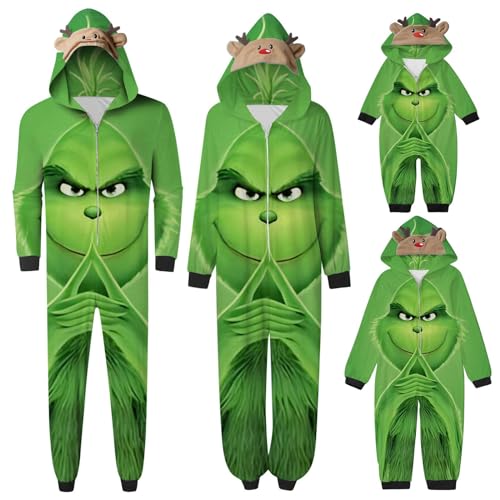 QWUVEDS Schlafanzug Weihnachten Grinch Pyjama Einteiler Pyjamas Sets für Familie, Niedlicher Weihnachts Einteiler Schlafanzüge mit Kapuze, Hausanzug Nachtwäsche für Damen Herren Kinder Baby 330 von QWUVEDS