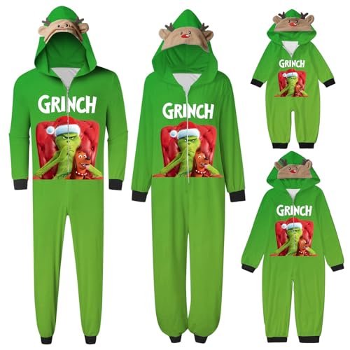 QWUVEDS Schlafanzug Weihnachten Grinch Pyjama Einteiler Pyjamas Sets für Familie, Niedlicher Weihnachts Einteiler Schlafanzüge mit Kapuze, Hausanzug Nachtwäsche für Damen Herren Kinder Baby 441 von QWUVEDS