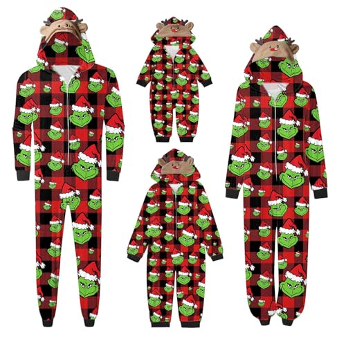 QWUVEDS Schlafanzug Weihnachten Grinch Pyjama Einteiler Pyjamas Sets für Familie, Niedlicher Weihnachts Einteiler Schlafanzüge mit Kapuze, Hausanzug Nachtwäsche für Damen Herren Kinder Baby 466 von QWUVEDS