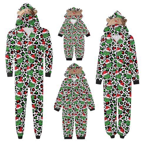 QWUVEDS Schlafanzug Weihnachten Grinch Pyjama Einteiler Pyjamas Sets für Familie, Niedlicher Weihnachts Einteiler Schlafanzüge mit Kapuze, Hausanzug Nachtwäsche für Damen Herren Kinder Baby 561 von QWUVEDS