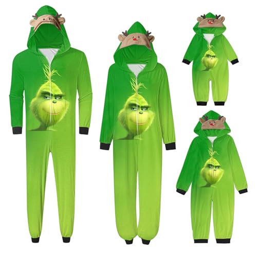 QWUVEDS Schlafanzug Weihnachten Grinch Pyjama Einteiler Pyjamas Sets für Familie, Niedlicher Weihnachts Einteiler Schlafanzüge mit Kapuze, Hausanzug Nachtwäsche für Damen Herren Kinder Baby 579 von QWUVEDS