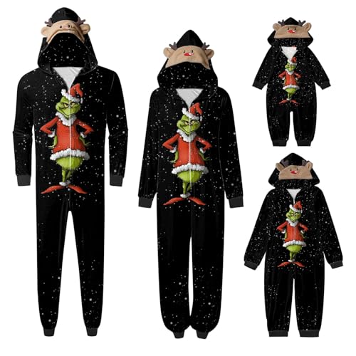 QWUVEDS Schlafanzug Weihnachten Grinch Pyjama Einteiler Pyjamas Sets für Familie, Niedlicher Weihnachts Einteiler Schlafanzüge mit Kapuze, Hausanzug Nachtwäsche für Damen Herren Kinder Baby 598 von QWUVEDS