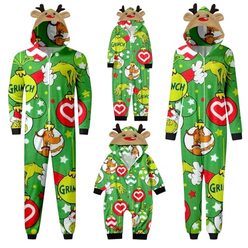 QWUVEDS Schlafanzug Weihnachten Grinch Pyjama Einteiler Pyjamas Sets für Familie, Niedlicher Weihnachts Einteiler Schlafanzüge mit Kapuze, Hausanzug Nachtwäsche für Damen Herren Kinder Baby 737 von QWUVEDS