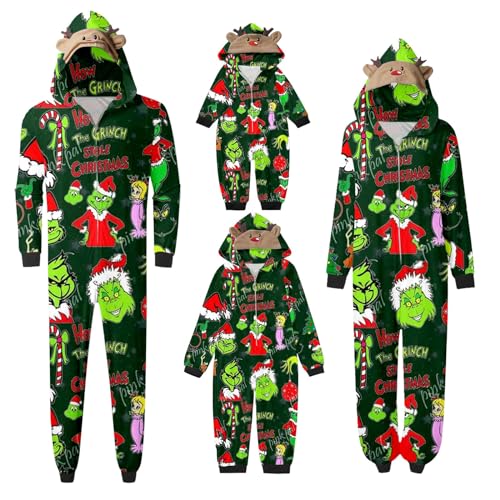 QWUVEDS Schlafanzug Weihnachten Grinch Pyjama Einteiler Pyjamas Sets für Familie, Niedlicher Weihnachts Einteiler Schlafanzüge mit Kapuze, Hausanzug Nachtwäsche für Damen Herren Kinder Baby 826 von QWUVEDS