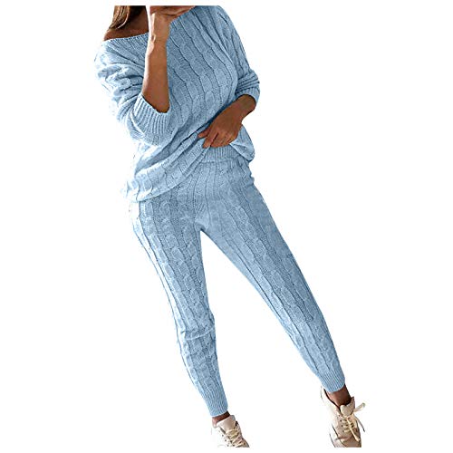 QWUVEDS Warme 2-teilige Loungewear-Anzugsets für Damen mit Rundhalsausschnitt, Zopfmuster, gestrickt Weißer Hosenanzug Damen (Sky Blue, M) von QWUVEDS