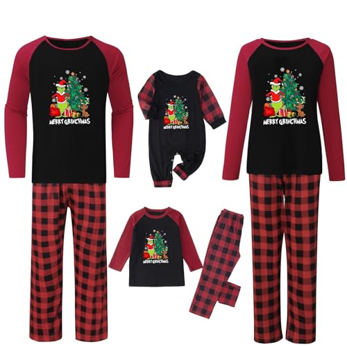 QWUVEDS Weihnachten Grinch Schlafanzug Familie Pyjama Set Pyjama Couple Weihnachtspyjama Familie Set Schlafanzug Lang Outfit Winter Damen Herren Kinder Nachtwäsche Nachthemd Hausanzug Schlafanzüge von QWUVEDS