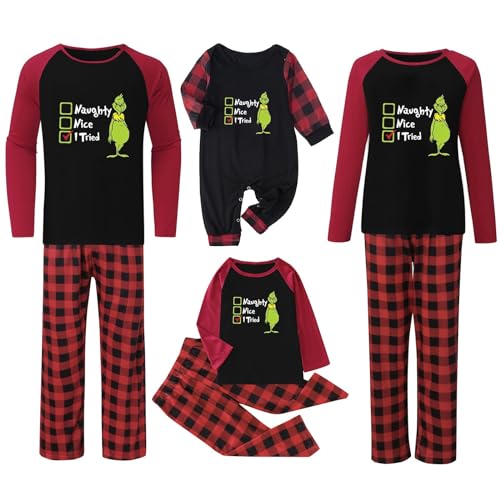 QWUVEDS Weihnachten Grinch Schlafanzug Familie Pyjama Set Pyjama Couple Weihnachtspyjama Familie Set Schlafanzug Lang Outfit Winter Damen Herren Kinder Nachtwäsche Nachthemd Hausanzug Schlafanzüge von QWUVEDS