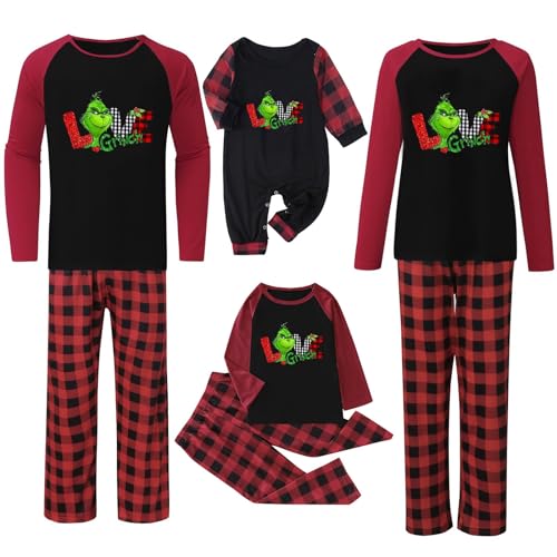 QWUVEDS Weihnachten Grinch Schlafanzug Familie Pyjama Set Pyjama Couple Weihnachtspyjama Familie Set Schlafanzug Lang Outfit Winter Damen Herren Kinder Nachtwäsche Nachthemd Hausanzug Schlafanzüge von QWUVEDS