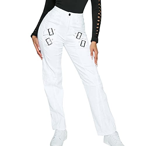 QWUVEDS Zweifarbige Hose Damen Casual Washed Iron Buckle Street Stretch Jeans Hochelastische Jeans Damen Hose Gefüttert von QWUVEDS