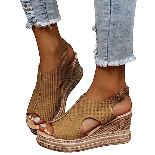 QWUVEDS einfarbig offene Zehenschnalle Keilabsatz Sandalen Jack Schuhe Damen (Brown, 41) von QWUVEDS