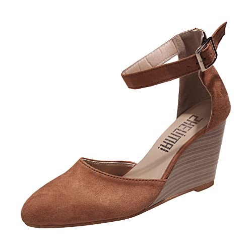 QWUVEDS geschlossene Zehe massivem mit spitzem Keilabsatz Dicker unterer Schnalle Diabetiker Schuhe Damen Absatzschuhe Damen Elegant Sommerschuhe Damen Mit Absatz (Brown, 40) von QWUVEDS