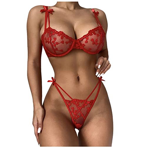 QWUVEDS reizvolle Mode-Spitze-Wäsche-Blumen-Spitze-Perspektive-Anklang-Unterwäsche-Nachtwäsche-Stahlring-Pyjama-Strumpfband Sexy Unterwäsche Rot BH Set Mit Slip Spitze Slip Damen String Spitze von QWUVEDS