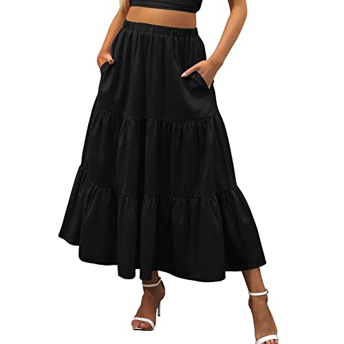 Rock Long Swing Damenkleid Boho Plissee Elastische Taille mit Taschen Fließender Sommer A-Linie Strand Stufenrock Röcke Nähbuch Schwarzer Prinzessinnen-Rock A-Linien-Rock Langer Rock für Frauen von QWUVEDS