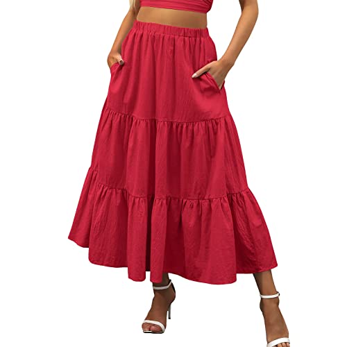 Rock Long Swing Damenkleid Boho Plissee Elastische Taille mit Taschen Fließender Sommer A-Linie Strand Stufenrock Röcke Nähbuch Schwarzer Prinzessinnen-Rock A-Linien-Rock Langer Rock für Frauen von QWUVEDS