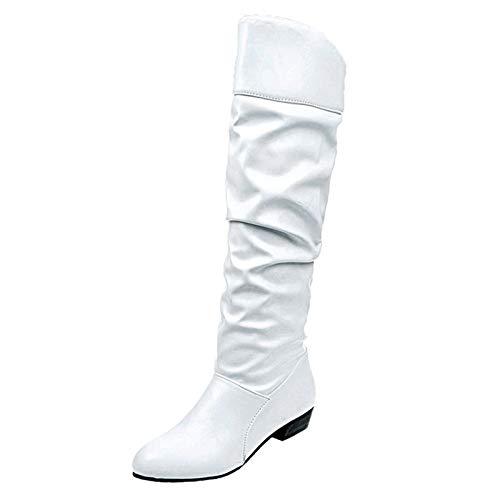 Runde Stiefel Ausrutscher Absatz Frauen Farbe solide Stiefel High Schuhe kniehohe Zehen Damenstiefel Hohe Damen Mit Absatz Damen Stiefel Overknees Damen Stiefeletten Wasserdicht Damen (White, 35) von QWUVEDS