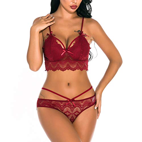 Unterwäsche Spitze Unterwäsche BH reizvolle Schlafanzüge Nachtbekleidung Frauen Dessous Sexy Set Rot Sexy Set Rot Damen Dessous Set String und Neckholder BH Reizvolle Frauen Stickerei Spitze BH von QWUVEDS