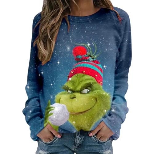 QWUVEDS grinch kostüm damen Grinches Sweatshirt,Kreativer Weihnachts Pullover Langarm Frauen Sweatshirt Hoodie Neuheit Damen Rundhalsausschnitt Lässig Herbst Pullover Mode Locker 707 von QWUVEDS