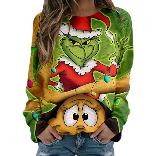 grinch kostüm damen Weihnachten Grinches Sweatshirt, Kreativer Weihnachts Pullover Langarm Frauen Sweatshirt Weihnachten Hoodie Neuheit Damen Rundhalsausschnitt Lässig Herbst Pullover Mode Locker 713 von QWUVEDS